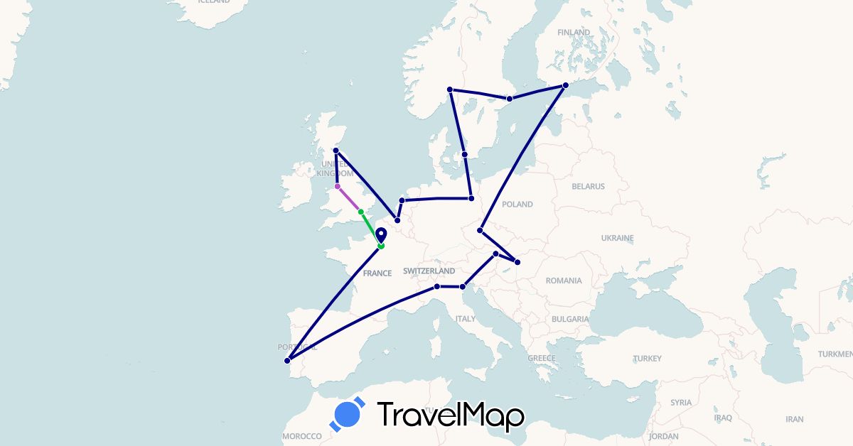 TravelMap itinerary: driving, bus, train in Austria, Belgium, Czech Republic, Germany, Denmark, Finland, France, United Kingdom, Hungary, Italy, Netherlands, Norway, Portugal, Sweden (Europe)